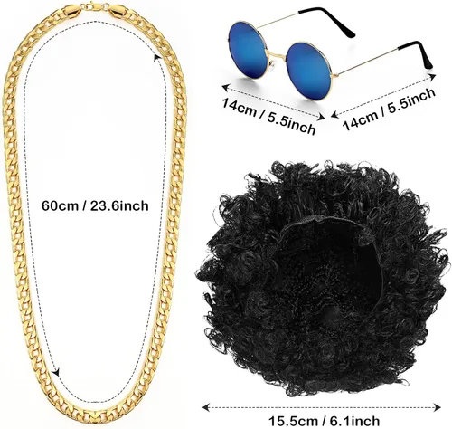 Vista 4 de Eurzom Conjunto de disfraz de discoteca que incluye camisa brillante con pantalón para hombre, peluca afro, collar, lentes de sol para fiesta