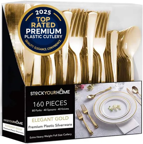 Vista 20 de Juego de cubiertos de plástico resistente (dorado) de 75 piezas, juego de cubiertos desechables, ideal para fiestas, bodas y catering, cubiertos