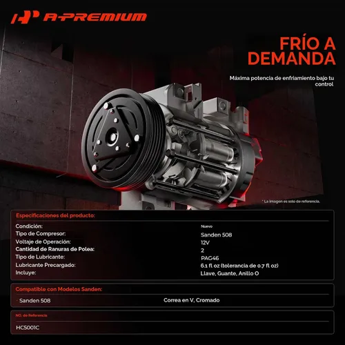 Vista 3 de A-Premium Apto para Sanden 508 2PK Style, compresor universal de A/C con embrague, correa en V de 2 ranuras, cromada Compatible con Sanden 508