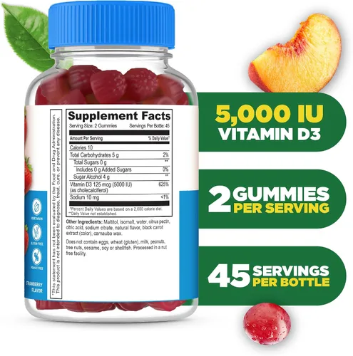 Vista 2 de Lifeable Vitamina D sin azúcar, 5000 UI, suplemento de gomitas de gran sabor natural, sin gluten, vegetariano, sin OMG, masticable, para apoyo
