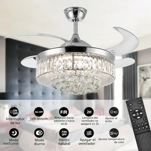 Vista 3 de Ventilador de techo invisible de 36", lámpara de araña de cristal moderna con control remoto, 4 aspas retráctiles de ABS para dormitorio, sala