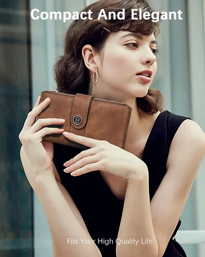 Vista 4 de BOSTANTEN Carteras de cuero para mujer con bloqueo RFID de gran capacidad, tarjetero triple para mujer