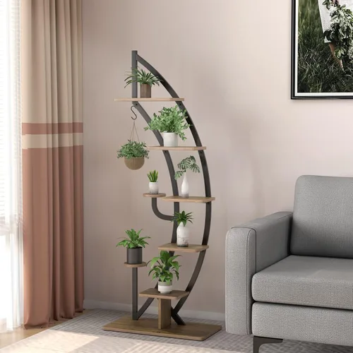 Vista 5 de Giantex Soporte de metal de 6 niveles para plantas de interior, estante de media luna de 61 pulgadas con colgador y dispositivo anticaído, soporte