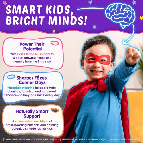 Vista 4 de Gomitas cerebrales para niños, suplemento de enfoque con hongo melena de leones, vitaminas cerebrales