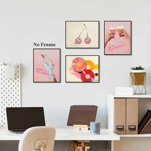 Vista 5 de JUIOEIU Juego de 4 impresiones artísticas de pared de barra rosa retro de moda, disco de vinilo vintage de la suerte de 8 bolas, pósteres artísticos