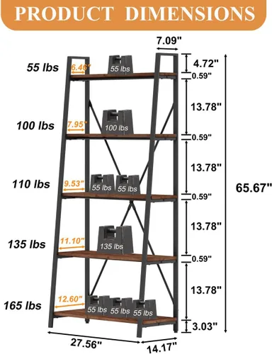 Vista 7 de BON AUGURE Estantería industrial de 5 niveles y mesa auxiliar para sala de estar (roble rústico)
