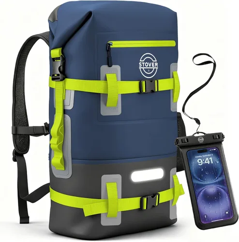 Vista 14 de STOVER - Mochila seca impermeable de 30/40/55L y funda para teléfono, bolsa seca flotante extragrande para kayak, viajes, senderismo, pesca Negro