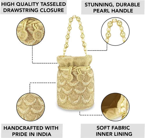 Vista 3 de Aheli Gold Potli - Bolsas de noche para mujer, bolso de mano étnico con cordón (P70G), Oro
