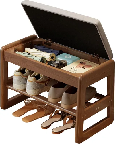 Vista 9 de AQIMUELE Banco pequeño para zapatos, banco de zapatos de 2 niveles con almacenamiento con tapa abatible, zapatero de madera para entrada, pasillo