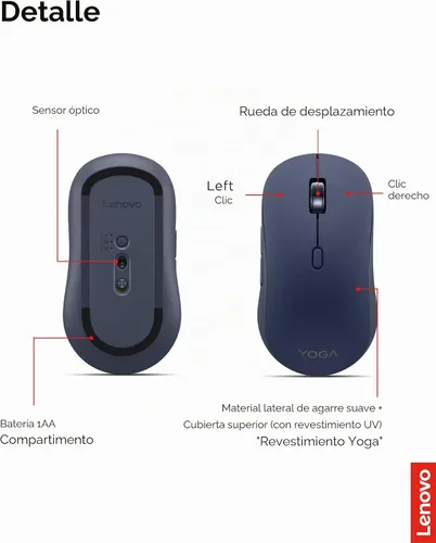 Vista 6 de Ratón Lenovo Yoga Bluetooth silencioso, ajuste de DPI de 3 niveles, vida útil de la batería de 36 meses, Bluetooth 5.3, emparejamiento de 3