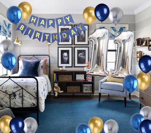 Vista 2 de Decoración de fiesta de cumpleaños número 11 para niños, pancarta de feliz cumpleaños, globos azules del número 11, globos metálicos plateados