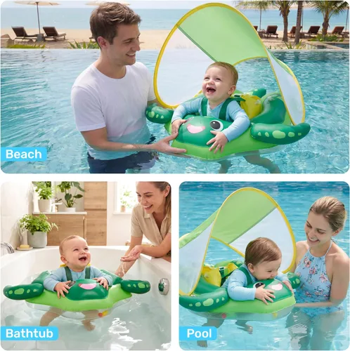 Vista 5 de Sloosh Flotadores de natación para bebés con toldo extraíble, flotador inflable para piscina para bebé, diseño de tortuga marina, anillo de natación