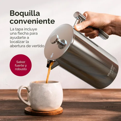 Vista 5 de Prensa francesa de doble pared, de acero inoxidable, con acabado de espejo (34 oz) 20% más resistente para café/té: Sistema multipantalla 100% sin
