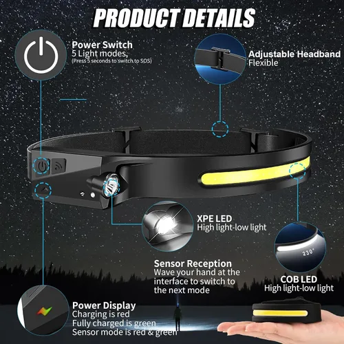 Vista 3 de Paquete de 8 faros delanteros recargables, linterna LED súper brillante con haz ancho de 230°, sensor de movimiento, 5 modos de lámpara de cabeza