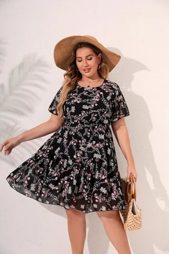Vista 6 de HBEYYTO Vestido de playa bohemio con estampado floral para mujer, talla grande, casual, manga con volantes, cintura elástica, vestido de gasa