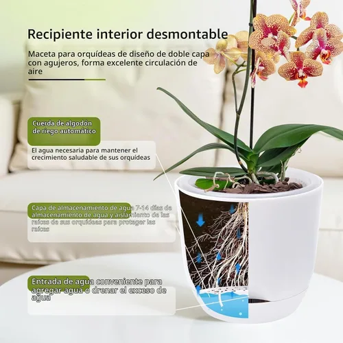 Vista 4 de QCQHDU Paquete de 2 macetas de orquídeas de 7.2 pulgadas con agujeros para trasplantar, maceta de orquídea de doble capa y riego automático