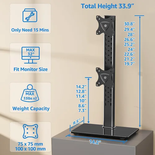 Vista 2 de MOUNTUP Soporte Vertical para Monitor Dual, Apila Dos Pantallas de hasta 32 Pulgadas, 14.9 Kg, Soporte de Escritorio Independiente para Monitor