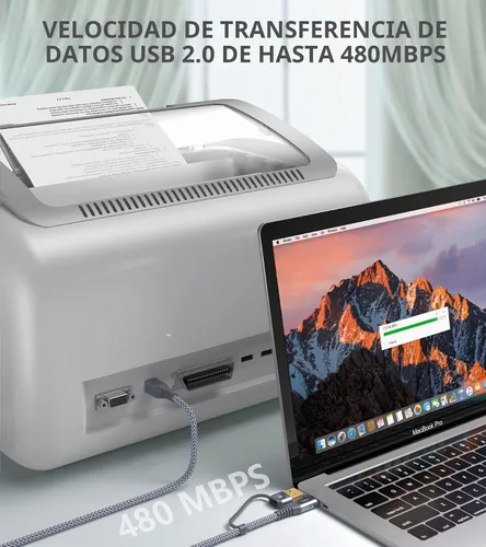 Vista 3 de Cable de impresora 2 en 1 USB-A/C a USB-B de 6.6 pies, cable MIDI tipo C trenzado de alta velocidad cable de impresora para HP Canon Dell Epson