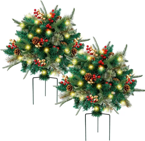Vista 8 de Glintoper Relleno de urna de Navidad artificial iluminada, pinos de Navidad preiluminados con conos, bayas doradas y rojas, estaca de trípode y 60