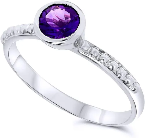 Vista 2 de Anillo solitario de plata de ley 925 de 0.197in con forma redonda de amatista morada para mujer, piedra natal de febrero, Metal Metal Piedra