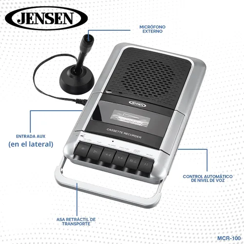 Vista 7 de Jensen MCR-100SB Grabador/reproductor de cassette portátil cuadrado y grabadora de voz con Altavoces y Micrófono integrados y Adaptador