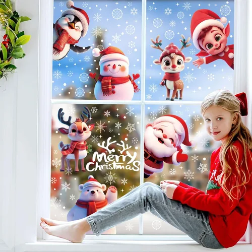 Vista 3 de CCINEE 8 hojas de calcomanías de Navidad para ventana, calcomanías de doble cara para ventana de auto de Navidad, copos de nieve, Papá Noel, renos