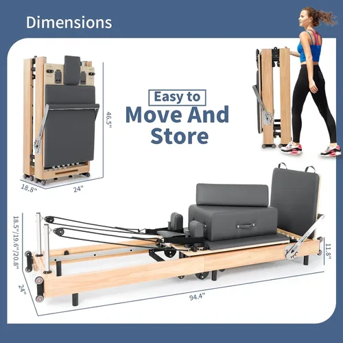 Vista 2 de Foldable Oak Wood Pilates Reformer Machine for Home and Studio Training 500 lb capacity with box, jump board and foot board for home workouts or