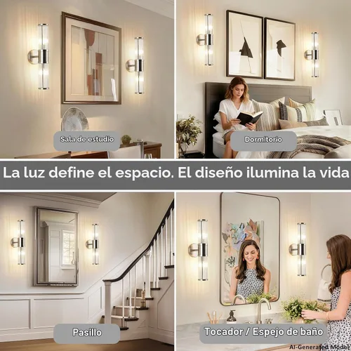 Vista 2 de Aplique de pared de níquel cepillado con varillas de vidrio, lámpara de tocador industrial moderna, base de candelabro E12 para baño, dormitorio