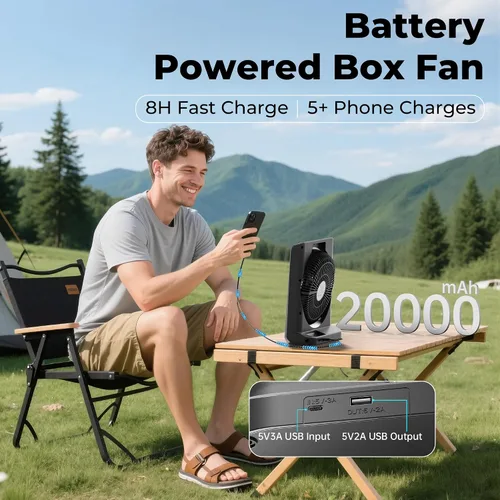 Vista 2 de PANERGY Ventilador de batería recargable de 20000 mAh, ventilador de caja cuadrada de 10 pulgadas con tiempo de funcionamiento de 55 horas, 4