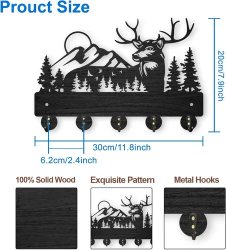 Vista 5 de MAYJOYDIY Perchero de pared de madera con 5 ganchos, diseño de ciervo de bosque negro, soporte para llaves y organizador para entrada, pasillo, sala