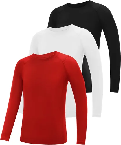 Vista 11 de Camiseta de compresión de manga larga para niños, paquete de 3 camisetas deportivas de béisbol para niños, capa base de secado rápido para fútbol