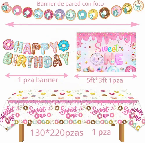 Vista 7 de Decoraciones de primer cumpleaños para niña, decoración de primer cumpleaños con telón de fondo, cajas de globos, mantel, decoración de pastel