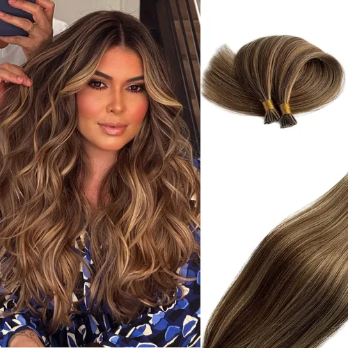 Vista 9 de Extensiones de cabello Microlink con reflejos, cabello humano lacio de 14 pulgadas, rubio caramelo resaltado, 50G/50S