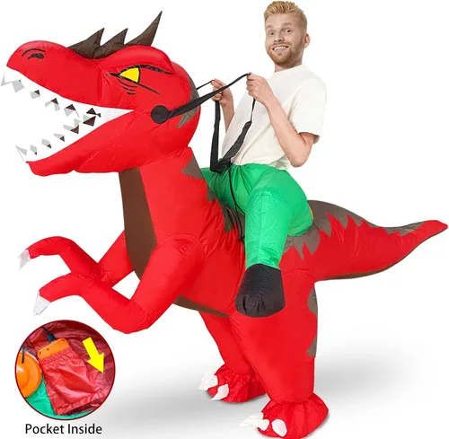 Vista 6 de Camlinbo Disfraz inflable de dinosaurio de Halloween para adultos hombres y mujeres disfraz inflable de jinete de Halloween fiesta de cosplay