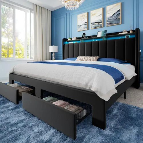 Vista 17 de Allewie - Marco de cama vertical tapizado con plataforma de tamaño matrimonial, con cabecera con almacenamiento de 2 niveles y luces LED, 2 cajones