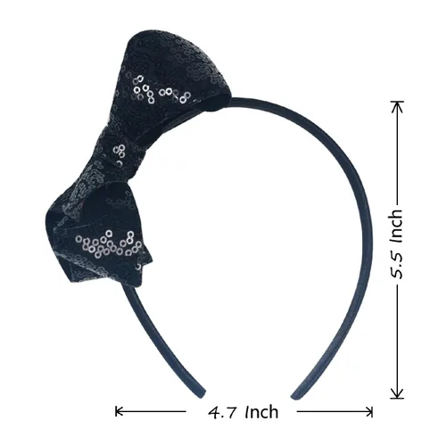 Vista 4 de Diademas con lazo para el pelo con lentejuelas brillantes, lazos de cinta para niñas, niños y mujeres (negro)