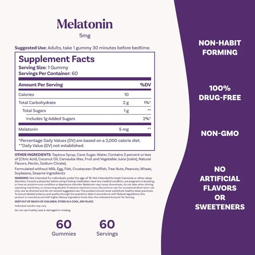 Vista 6 de Natrol Melatonina 5 mg, suplemento dietético para un sueño reparador, 60 gomitas con sabor a fresa, suministro para 60 días