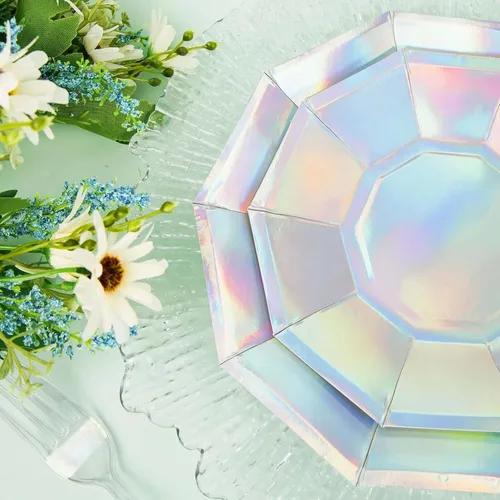 Vista 4 de Efavormart - Paquete de 25 platos de papel decagonal iridiscentes de 7.5 pulgadas, platos de postre geométricos resistentes de 300 GSM para Tipo 3