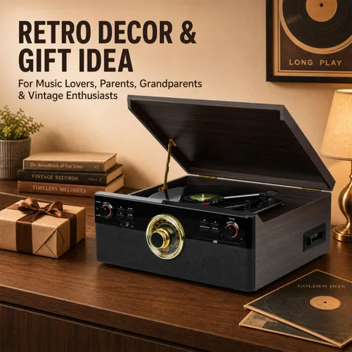 Vista 5 de Reproductor de discos todo en uno con reproductor de CD y cassette, grabación MP3 directa a USB, Bluetooth, radio FM, tocadiscos de 3 velocidades