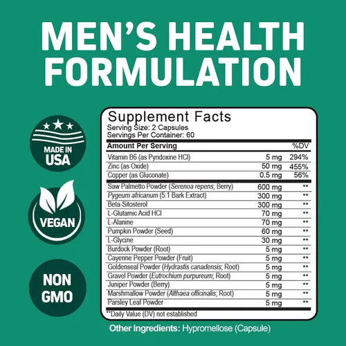 Vista 2 de Soporte doble para próstata y cabello para hombres – Saw Palmetto, beta-sitosterol, semillas de calabaza – Promueve la salud urinaria y el bloqueo