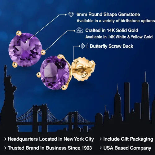 Vista 164 de Gem Stone King Aretes de Martini de oro amarillo de 14 quilates Aretes de tuerca de 3 puntas para mujeres y hombres Redondos de 0.236 pulgadas