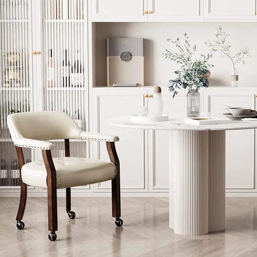 Vista 17 de Silla de comedor con ruedas y brazos, sillas de póker de PU, gris antiguo