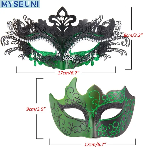 Vista 6 de Máscaras de máscaras para parejas Máscara veneciana de filigrana de metal brillante con diamantes de imitación y máscara veneciana para hombre