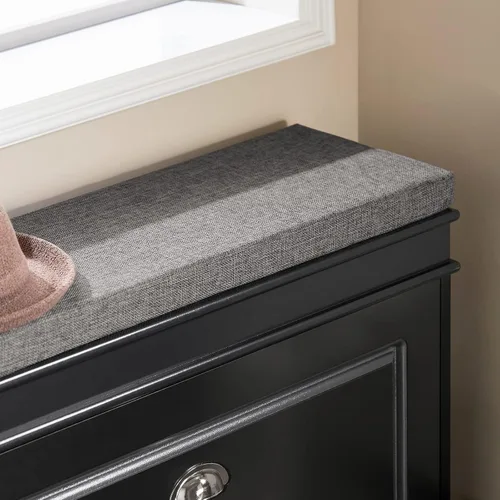 Vista 7 de SoBuy pequeño banco de almacenamiento de zapatos, zapatero negro estrecho para entrada, estante para zapatos con cojín y 2 niveles de cajón