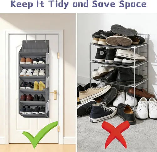 Vista 5 de Organizador de zapatos sobre la puerta – Almacenamiento colgante para 12 pares de zapatos, 6 bolsillos de malla + 6 bolsillos grandes profundos