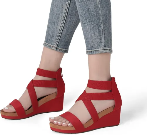Vista 5 de Dream Pairs - Sandalias de cuña con plataforma y puntera abierta y correa elástica para mujer, Rojo3