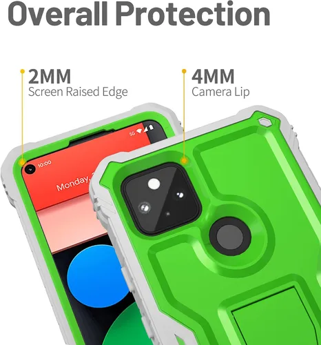 Vista 2 de FITO Funda para Google Pixel 5A, funda resistente a prueba de golpes de doble capa con protector de pantalla, soporte integrado (verde)