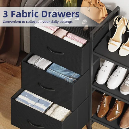 Vista 5 de Somdot Zapatero, organizador de zapatos de 3 niveles con 3 cajones, estante de almacenamiento de zapatos de metal para 6-9 pares de zapatos, Negro