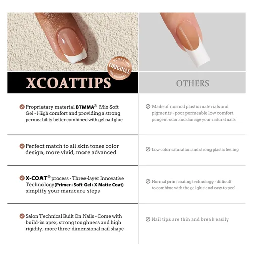 Vista 7 de btartboxnails - Uñas de punta francesa XCOATTIPS, 150 uñas largas cuadradas de punta francesa marrón a presión, uñas de gel con punta francesa