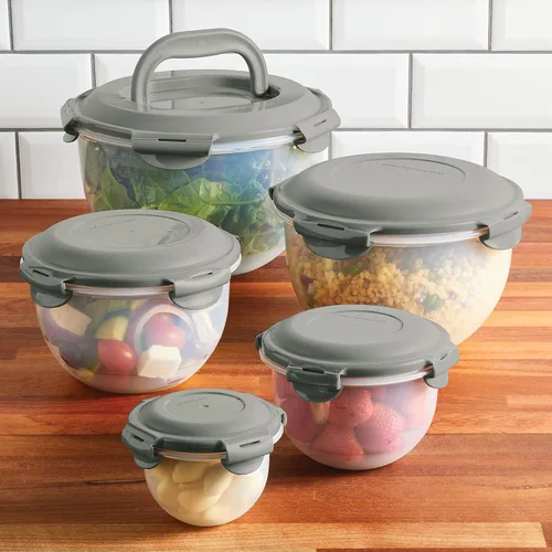 Vista 9 de Rachael Ray Juego de contenedores de almacenamiento de alimentos a prueba de fugas, 10 piezas, transparentes con tapas grises Transparente con tapas